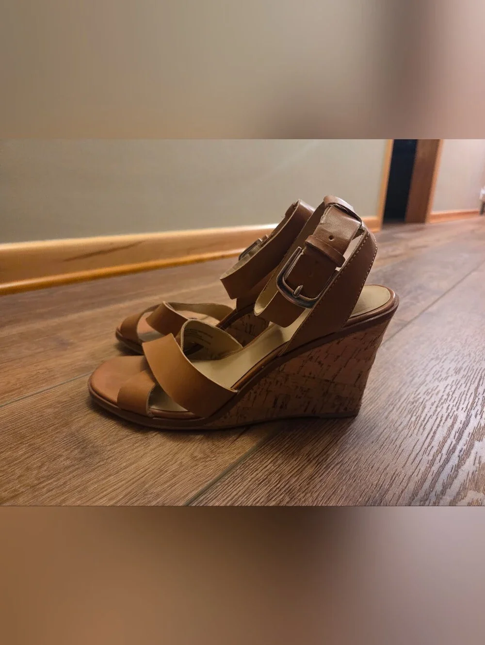 a new day Tan Cork Wedge Sandals with Buckle Ankle Strap